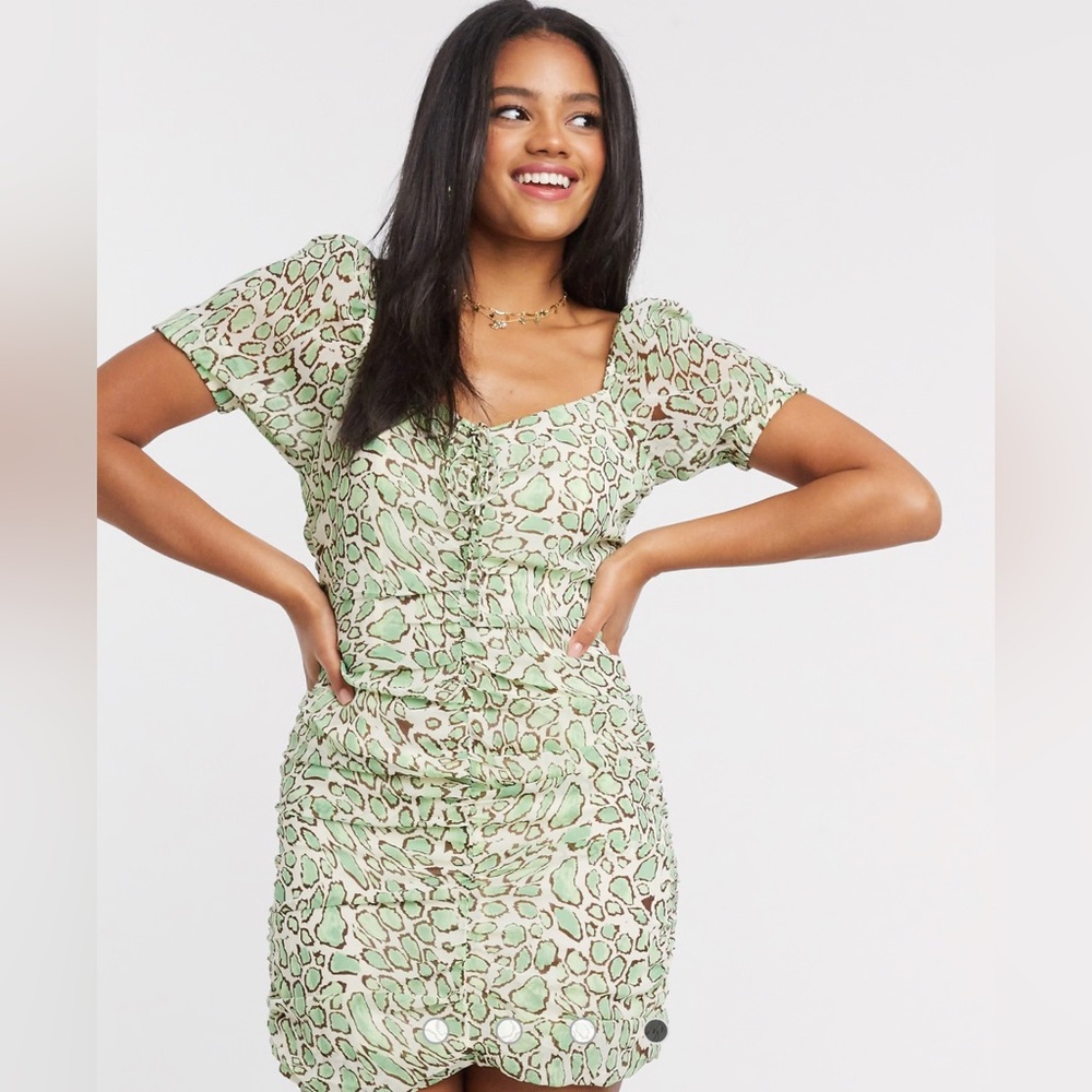 J.O.A. Green Leopard Animal Print Ruched Mini Dress Size Medium